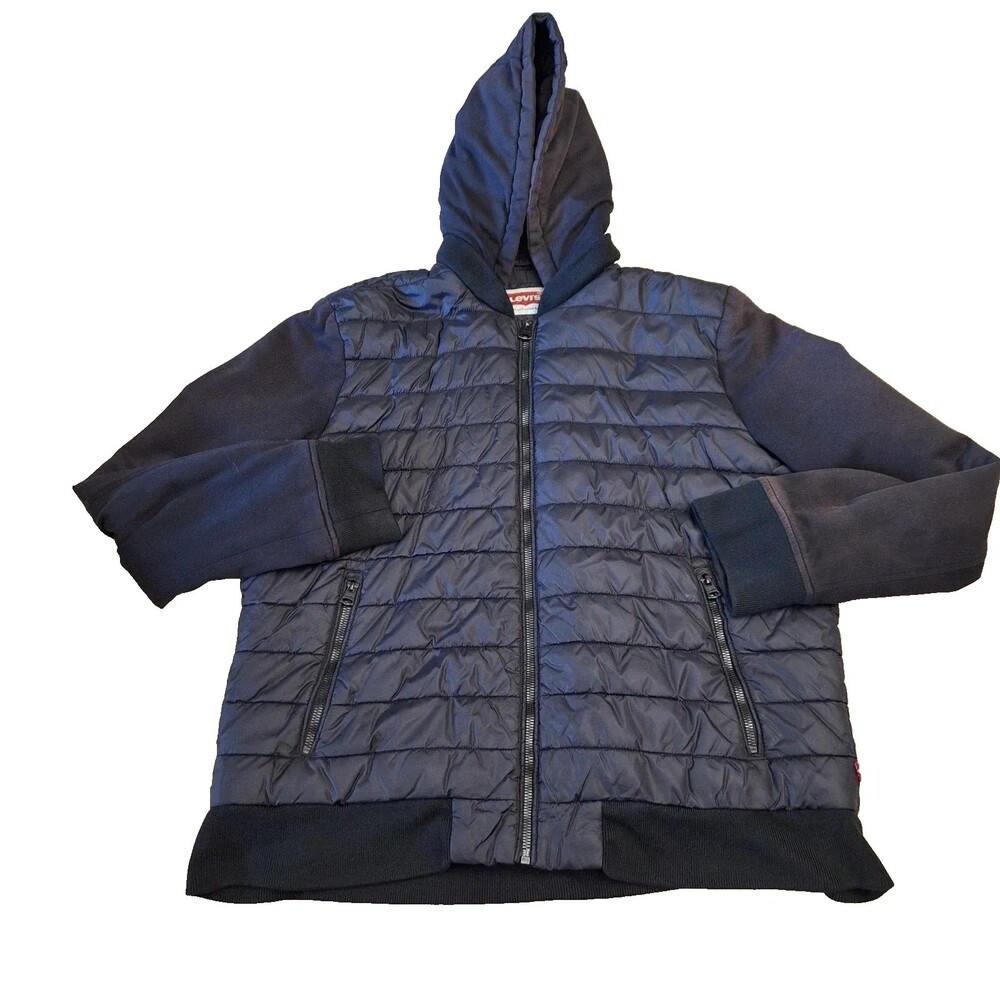 Levi's Jacket Mens Large Blue Hooded Puffer Quilted Full Zip Pockets Insulated